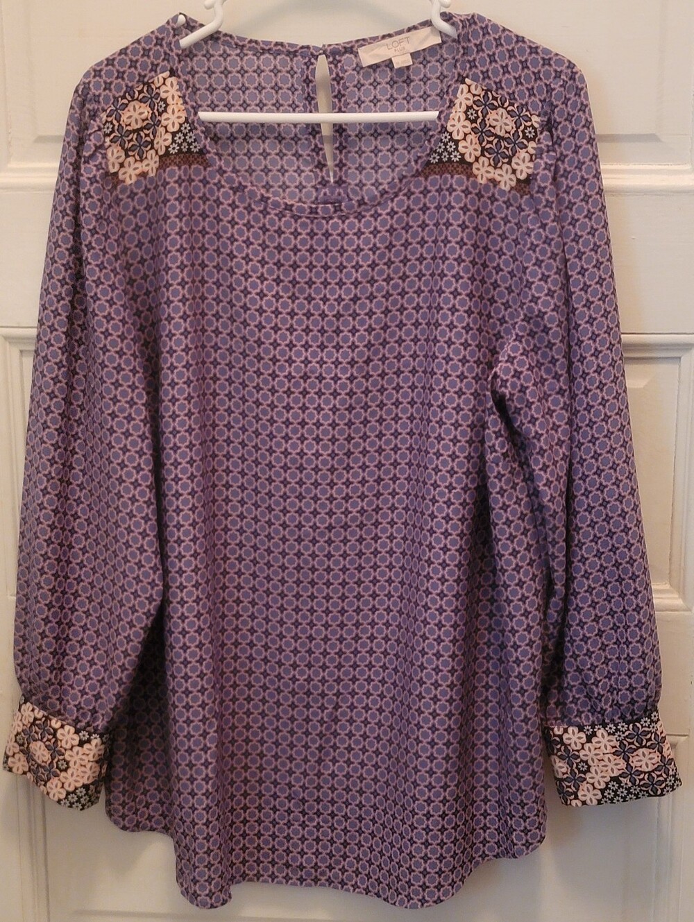 LOFT Lavender Geometric-Print Long Sleeve Blouse with Floral Trim
